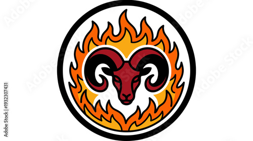 Vibrant graphic emblem featuring a powerful ram's head encircled by fiery, dynamic flames with bold contrast