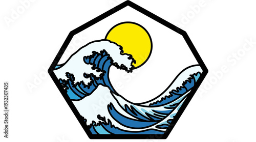 Graphic emblem with a powerful ocean wave cresting under a radiant sun design in a modern heptagonal frame