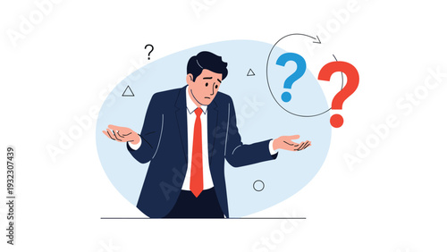 Confused corporate professional in a suit shrugging with question marks around him during a difficult decision.