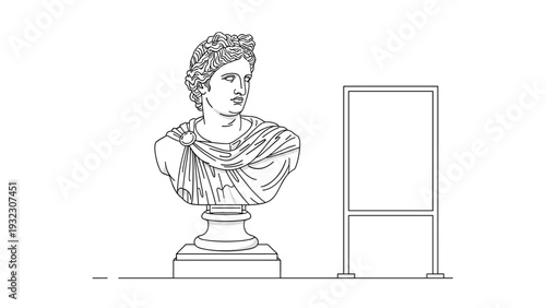 Classical Greek or Roman bust sculpture standing on a pedestal next to a blank rectangular sign for gallery display.