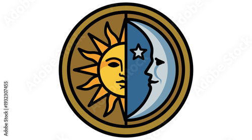 Elegant graphic illustration of sun and moon merging, capturing the essence of time, light, and celestial harmony and balance