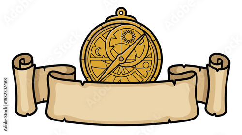 Golden Astrolabe with Celestial Symbols on Ancient Parchment Scroll for Vintage Exploration Design