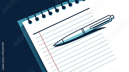 Metal ink pen resting on a spiral bound notebook with lined paper in a dark office or study environment setting.