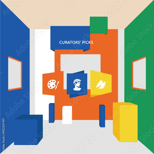 Stylized, abstract interior with architectural elements and artwork