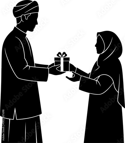 Compassionate silhouette of a man presenting a thoughtful gift to a woman in a hijab illustrating the values of kindness and generosity during ramadan