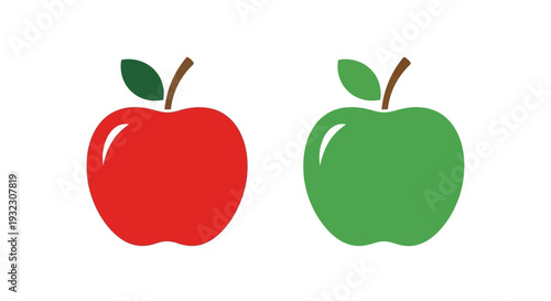 Two simple vector illustrations of apples, one red and one green, each with a stem and a leaf on a white background.