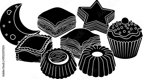 Delectable assortment of traditional islamic festive desserts and pastries arranged for celebration silhouette