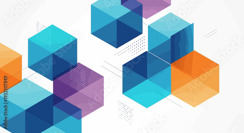 Abstract geometric background with colorful translucent cubes and hexagons in shades of blue, purple, and orange, creating a modern and dynamic pattern.