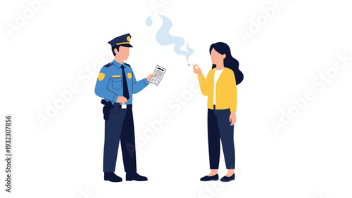Police officer in uniform issuing a citation or fine to a woman smoking in a prohibited area for law enforcement.