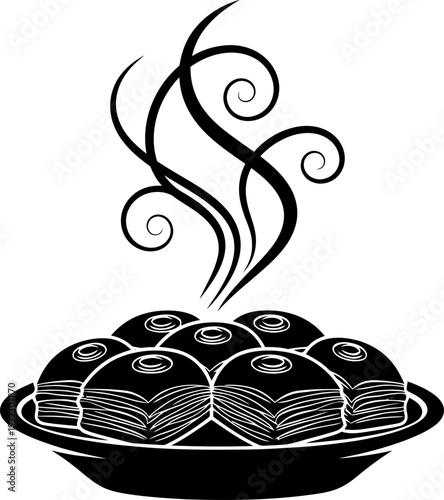 Delectable steaming plate of traditional baklava pastries representing culinary heritage and festive hospitality high contrast vector art