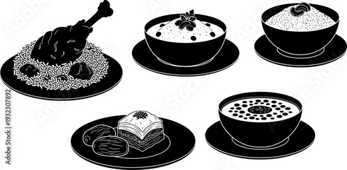 Delectable silhouette of various traditional middle eastern dishes including rice with meat dates and baklava representing the communal iftar feast