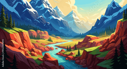 Vibrant Mountain Landscape with River and Rocky Terrain.