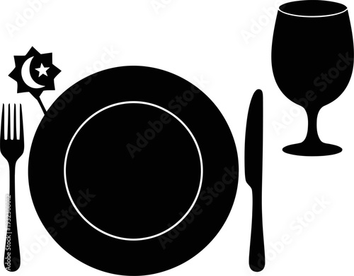 Elegant table setting preparation for a sacred meal featuring a plate cutlery and a crescent star topper in a minimalist silhouette