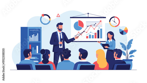 Corporate presenter explaining business growth strategies using charts and graphs on a whiteboard during a meeting.