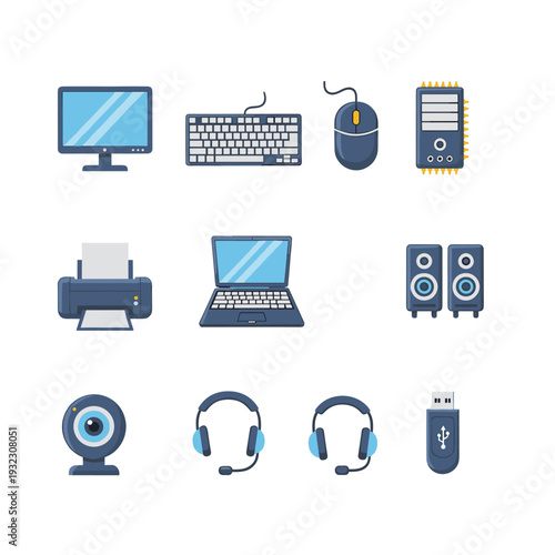 Computer Hardware and Peripheral Devices Icon Set Digital Office Electronics