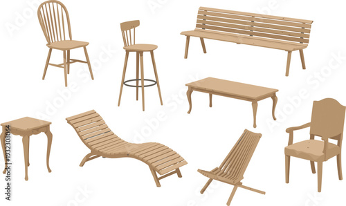 Collection of eight wooden furniture pieces including chairs, tables, bench, chaise lounge, and deck chair, interior and outdoor design illustration for home decor