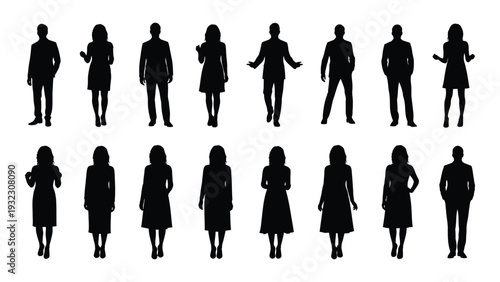 A group of people in silhouette walking in different poses isolated on white background, Vector