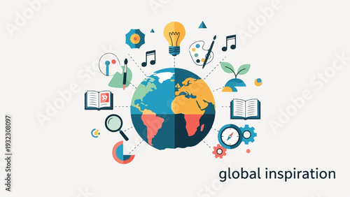 Stylized globe with associated ideas, centered. Text "global inspiration" below