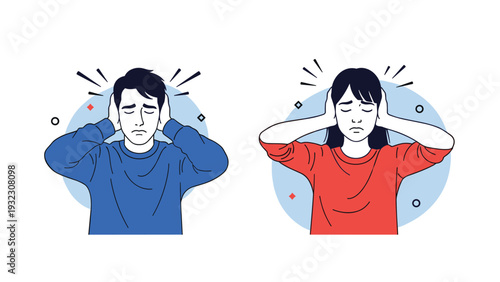 Man and woman covering their ears with their hands to block out loud noises representing sensory overload or stress.