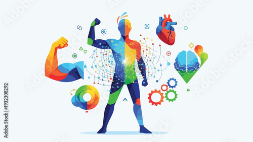 Stylized human figure with organs, gears, and colorful details