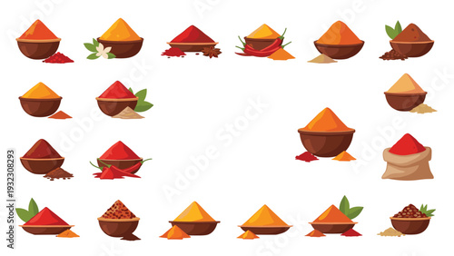 Diverse collection of colorful ground spices in bowls and bags representing culinary ingredients and global flavors.