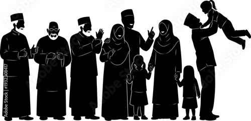 Grand silhouette of a large extended family including elders and children gathered together in a joyous celebration of community and kinship