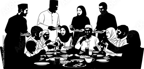 Grand communal iftar dinner scene featuring a large group of people sharing a meal in festive togetherness vector illustration