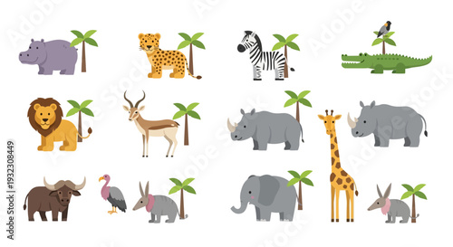 Collection of cartoon wild animals and tropical plants.