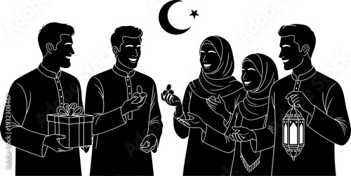 Harmonious social interaction silhouette of friends exchanging gifts and dates under a symbolic crescent moon