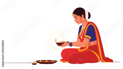 Indian woman wearing a traditional red and gold sari lighting oil lamps for a religious festival or celebration.