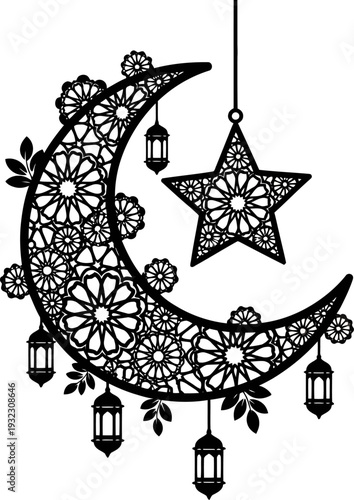 Intricate ornamental silhouette of a celestial crescent moon and star with elaborate floral mandalas