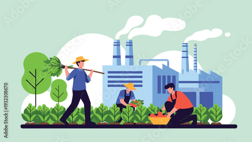 Farm workers harvesting fresh vegetables in a field with a large industrial factory building in the background.