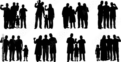 Modern silhouette of various muslim families capturing memories through selfies and group photos during a joyous communal gathering for eid