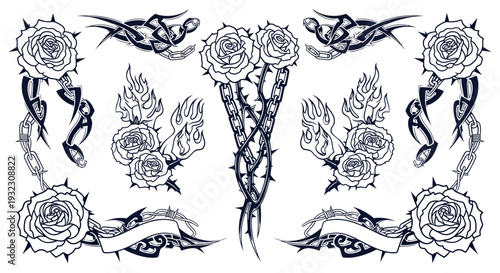 Tribal Tattoo Elements: Roses, Thorns, Flames, Chains, and Banners