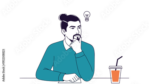 Creative man with a man bun thinking deeply while sitting at a table with an orange drink and a light bulb idea symbol.