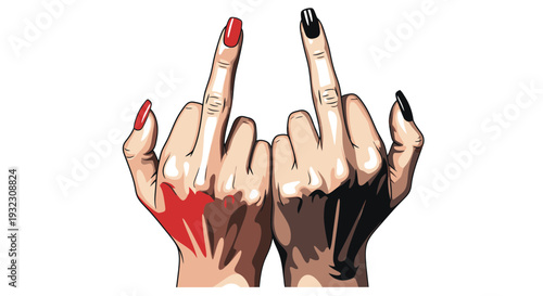 Two Hands Giving Middle Finger, Red and Black Nails, Vector Illustration