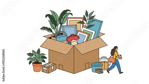 Moving day scene with a large cardboard box filled with plants and picture frames while a woman carries a small box.