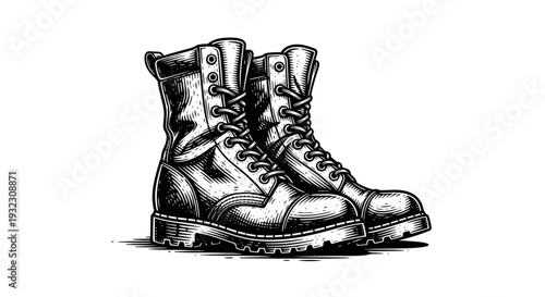 Vintage Combat Boots Illustration, Black and White Sketch Style