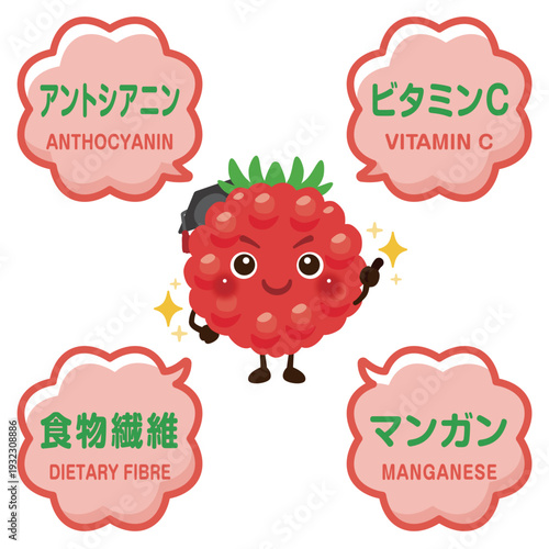ラズベリーのキャラクターとラズベリーに含まれる成分イラスト／Cute Raspberry Character Illustration Giving a Thumbs-Up