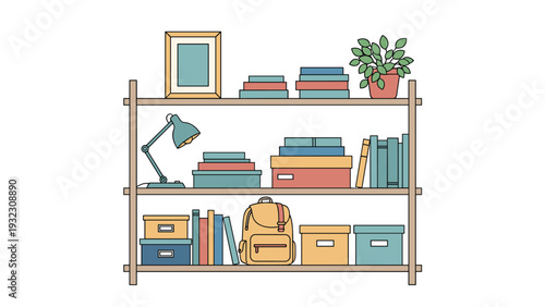 Organized wooden bookshelf filled with various colorful books, storage boxes, a desk lamp, a backpack, and a potted plant.