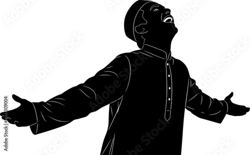 Radiant silhouette of a man looking toward the heavens with a wide smile and open arms celebrating a blessed occasion