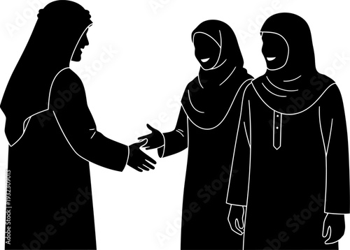 Respectful silhouette of a man greeting two women in hijabs with a handshake symbolizing mutual respect and community bonds during a social gathering