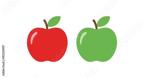 Two apples, one red and one green, with leaves.