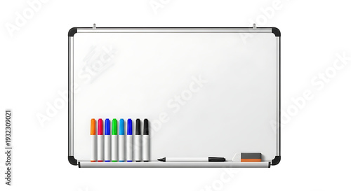 Colorful whiteboard markers set with caps arranged on tray isolated on transparent background