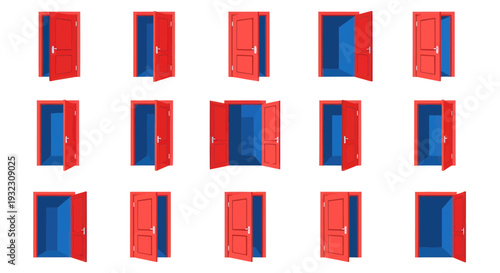 Collection of Red Doors Opening and Closing on White Background
