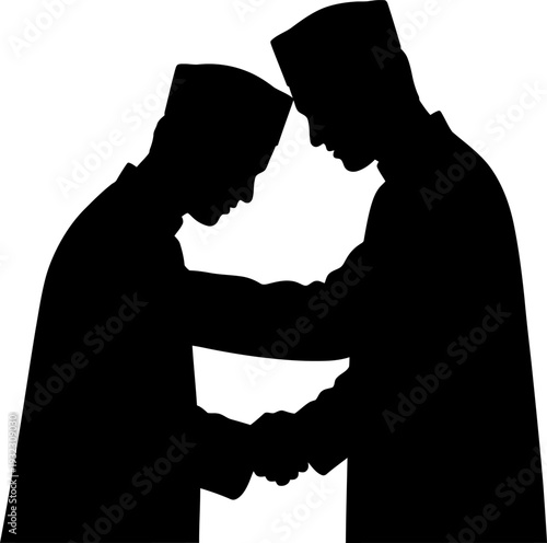 Respectful silhouette of two men in traditional caps performing a formal handshake greeting during a sacred holiday gathering
