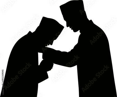 Reverent filial piety silhouette of a younger man bowing to kiss the hand of an elder in tradition