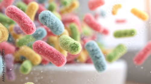 Colorful bacteria float in a bright space above a simple surface area