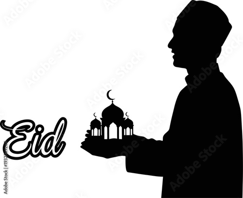 Symbolic silhouette of a man holding a miniature mosque to celebrate the spirit of eid al-fitr minimalist graphic art
