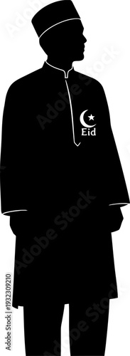 Stately silhouette of a man wearing traditional muslim attire adorned with an eid crescent moon emblem symbolizing faith and celebration